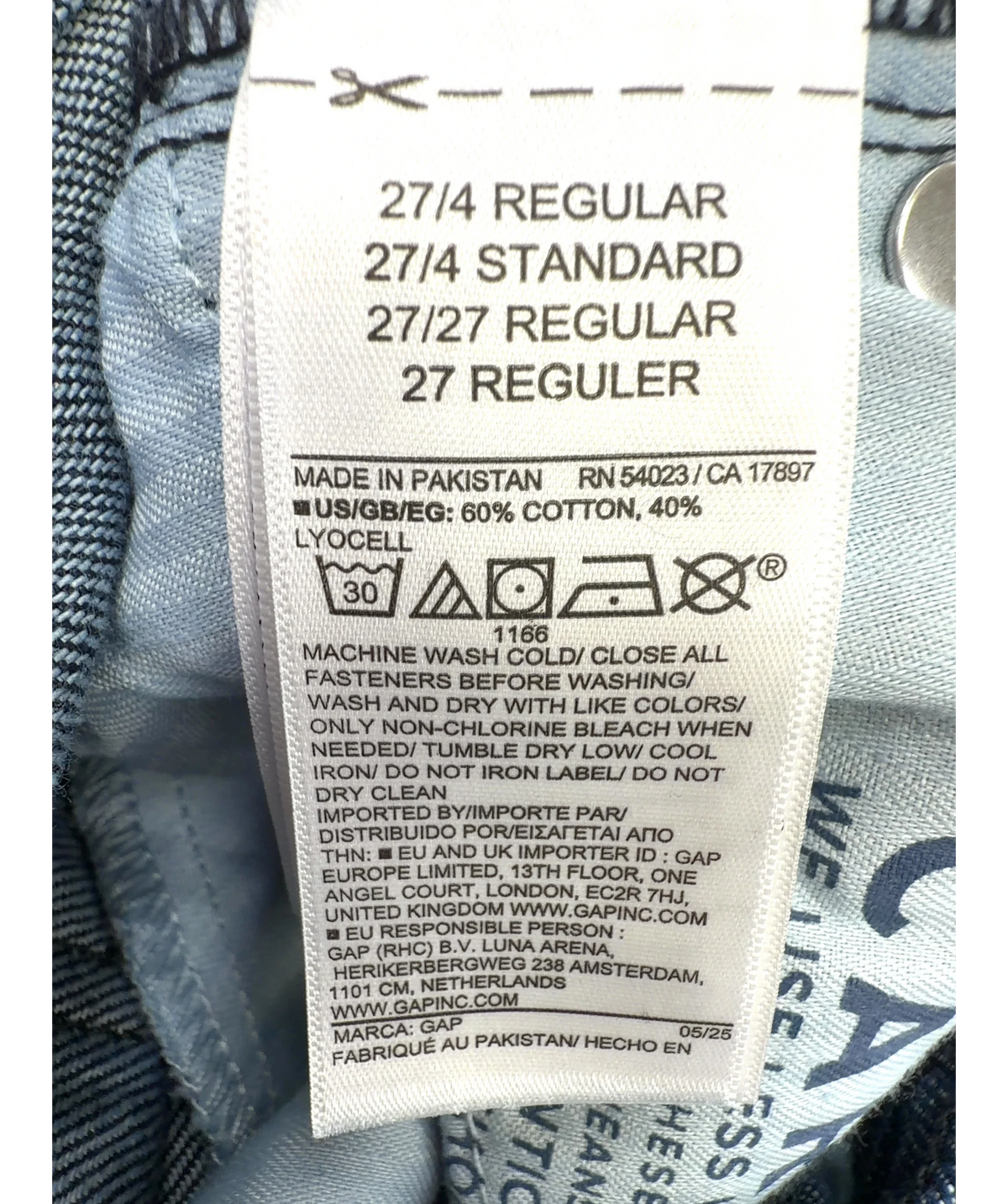 GAP Blue Colour, size W27 — label