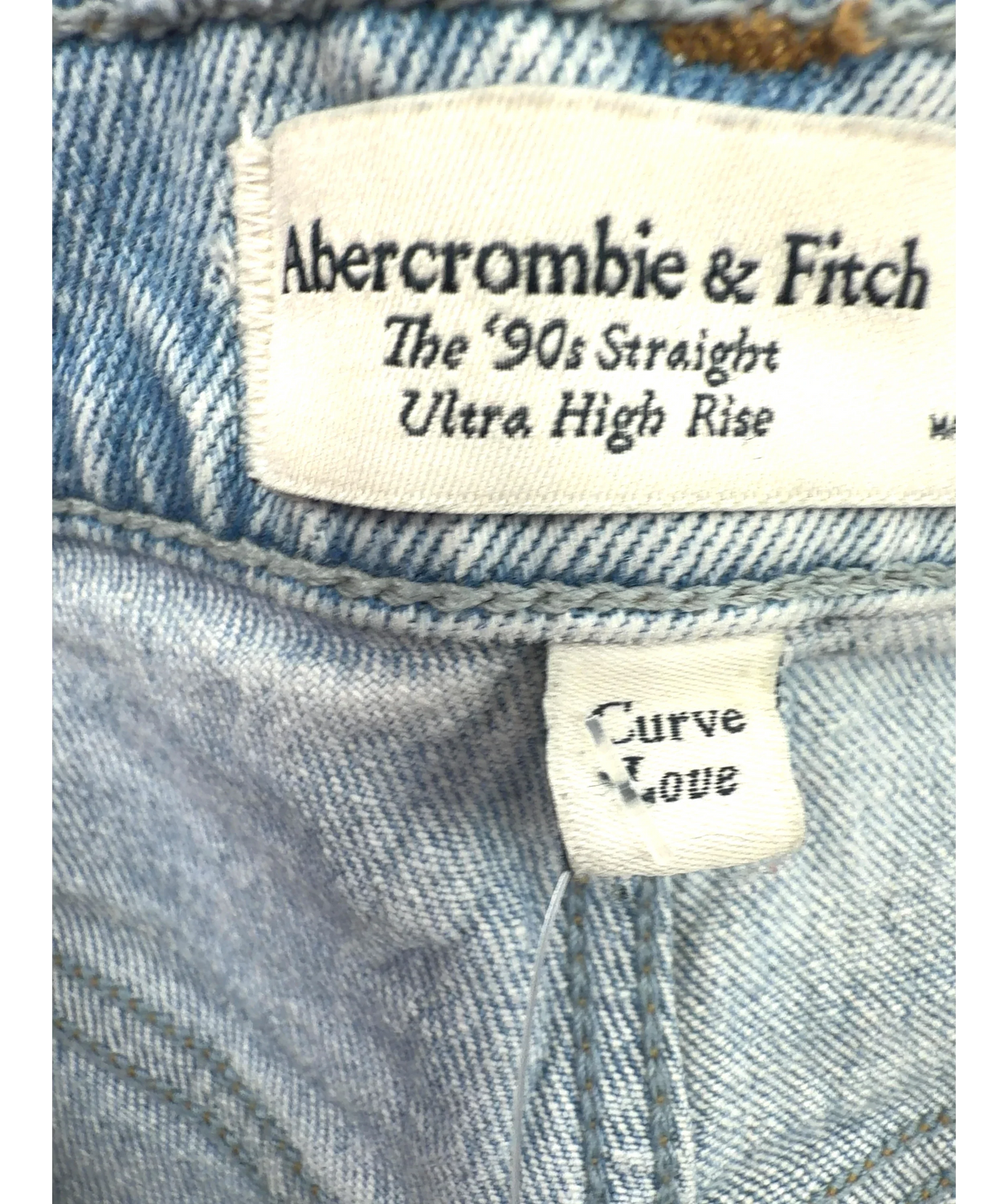 ABERCROMBIE & FITCH light blue Ultra High Rise Curve Love '90s Straight Crossover Jeans, size UK 8 — detail