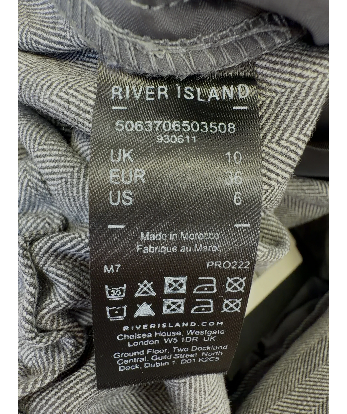 River Island Grey grey herringbone wide leg trousers, size UK 10 — label