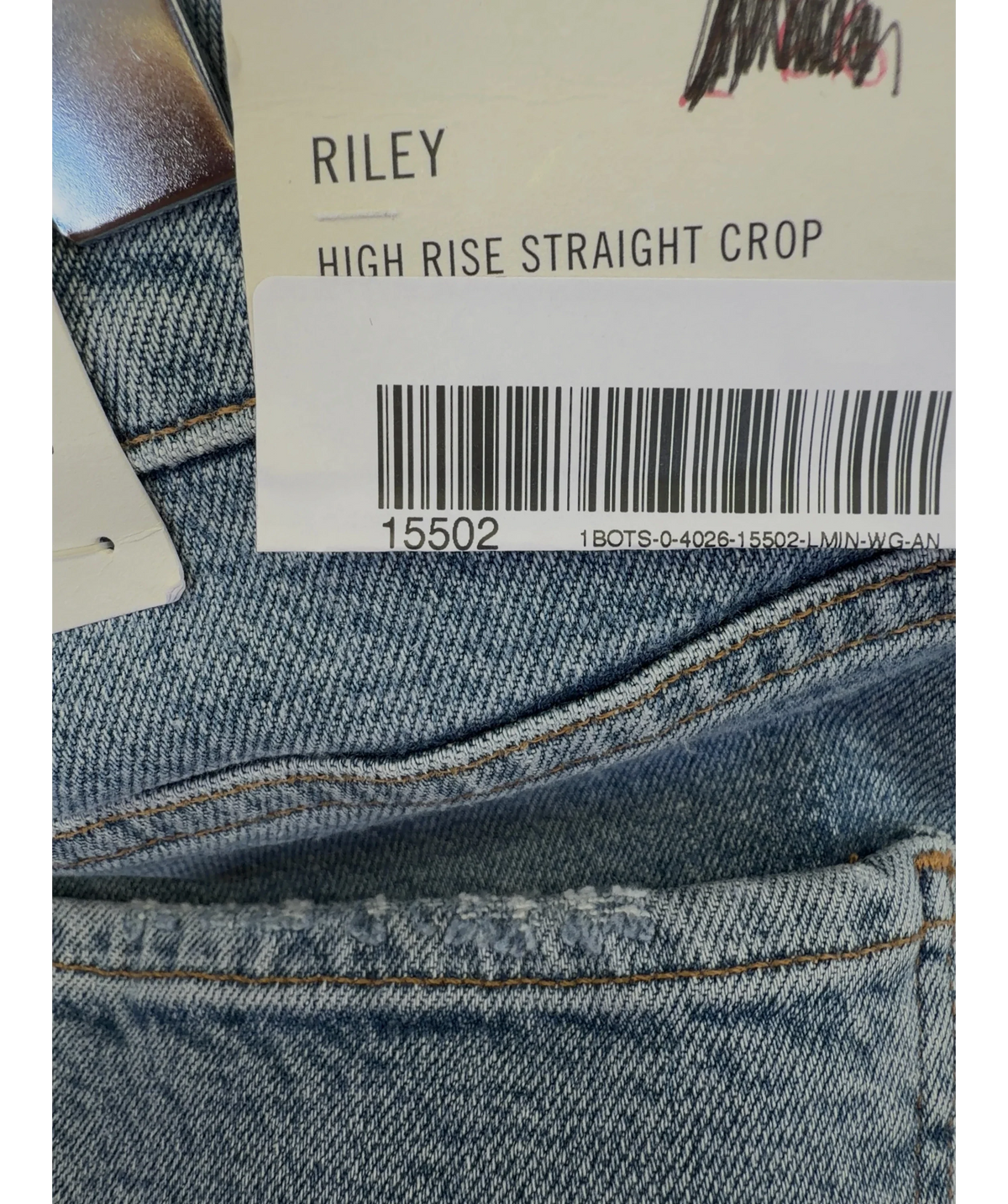 AGOLDE Blue Riley High Rise Straight Crop, size W31 — label