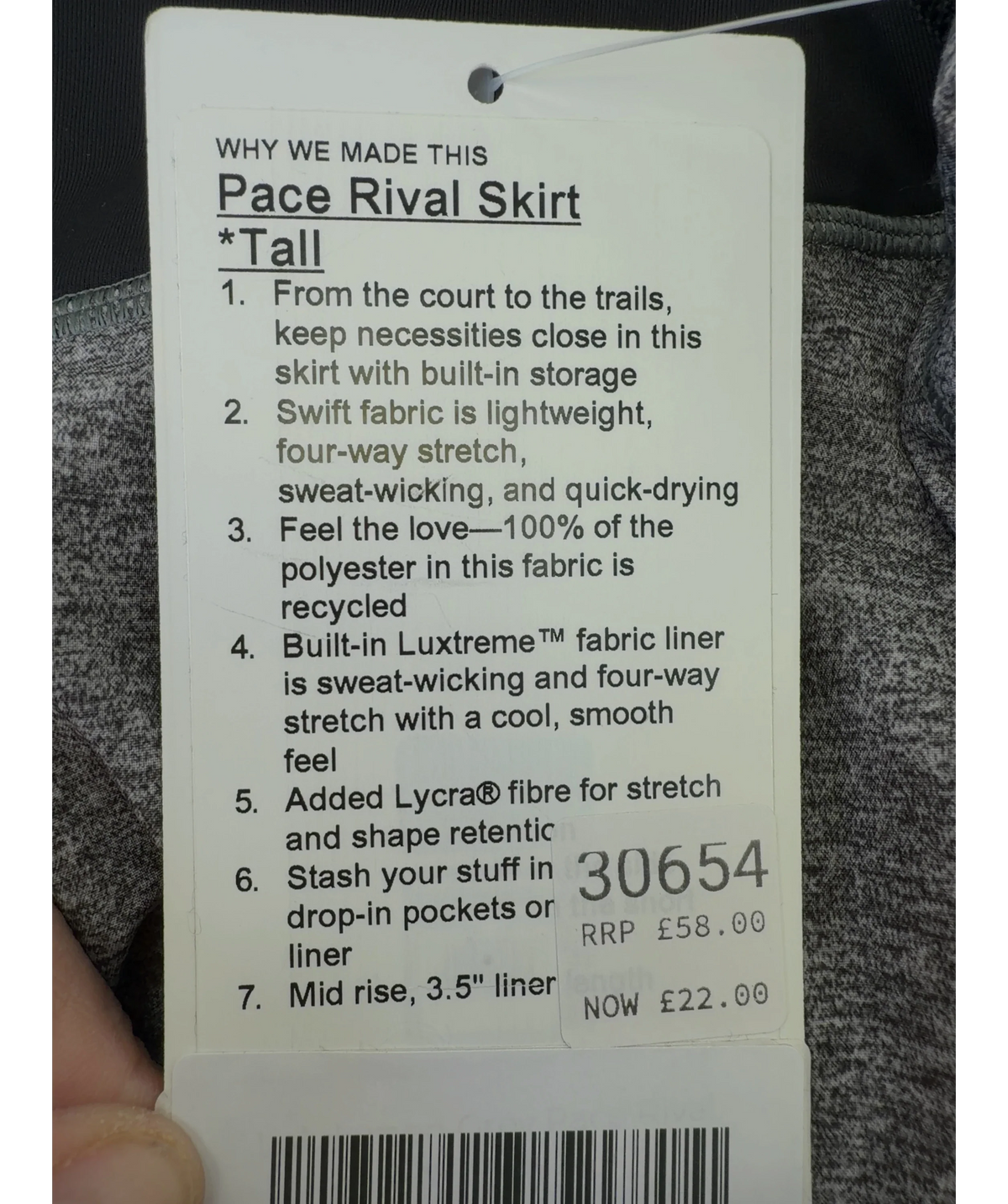 Lululemon Grey Pace Rival Skirt *Tall, size UK 10 — label