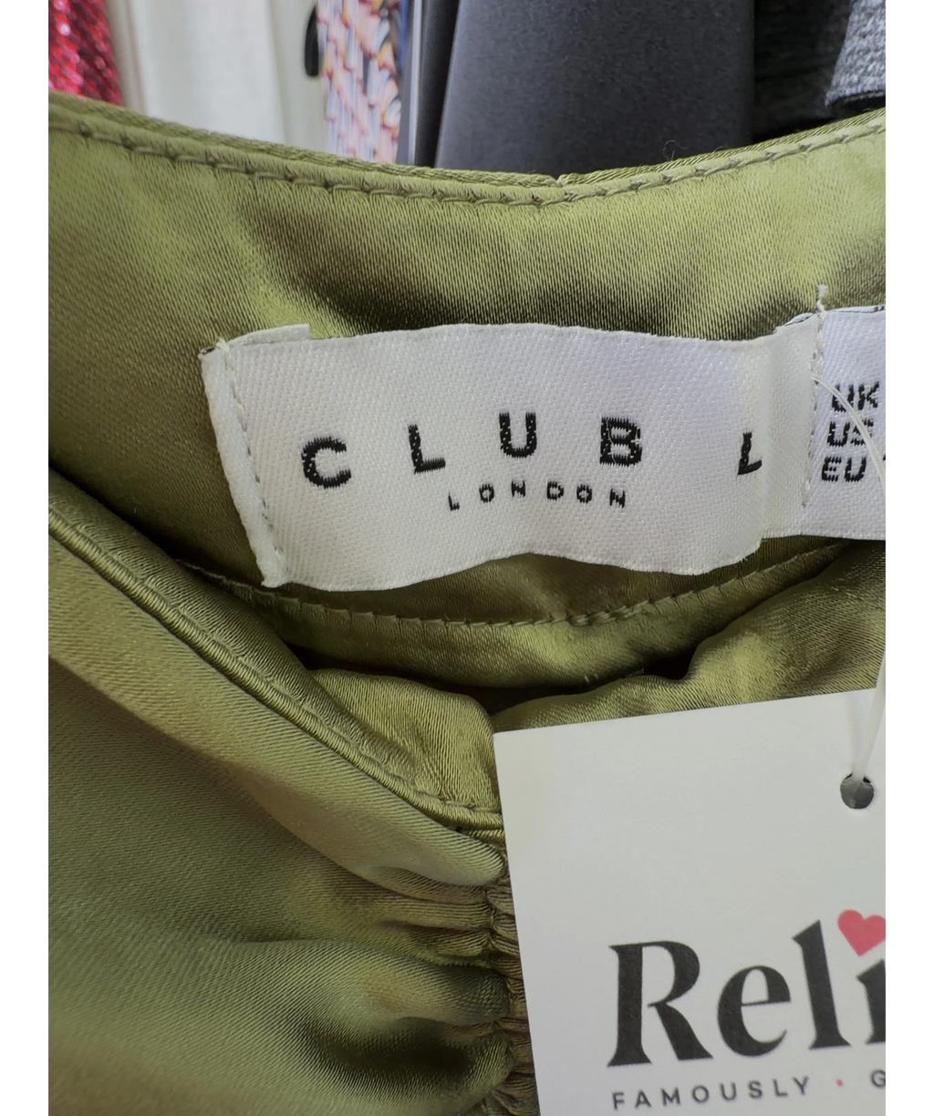 Club L Green Per Favore Ruched Satin Slip Maxi Skirt, size UK 8 — detail