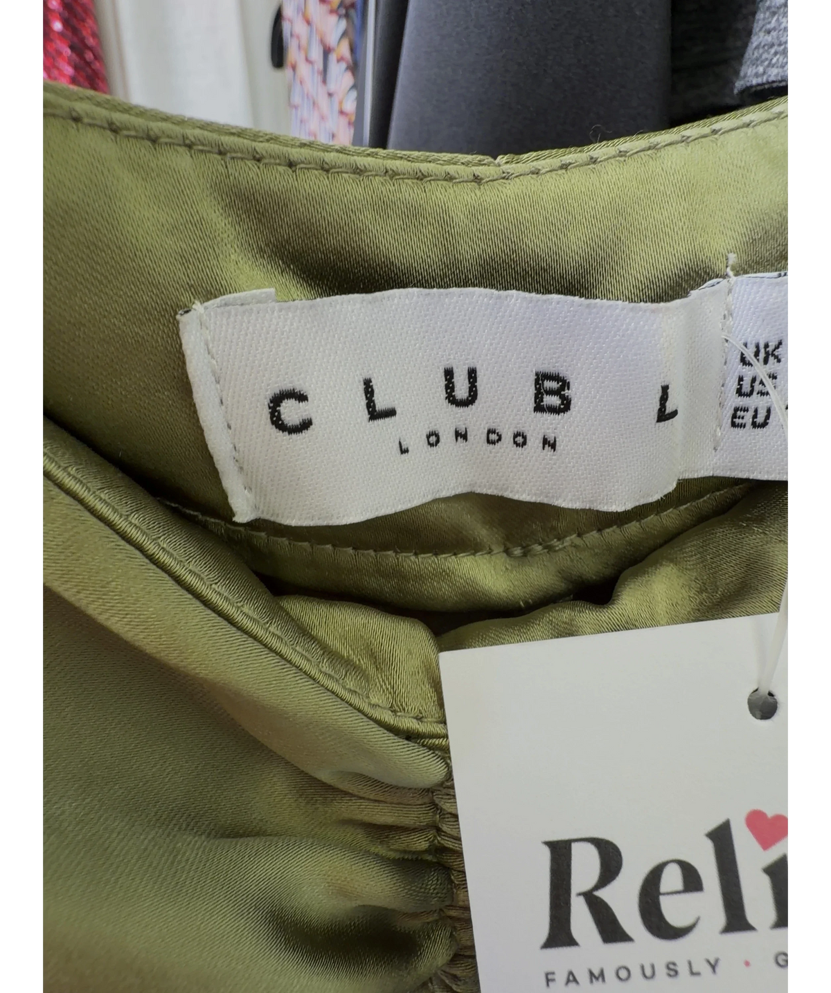 Club L Green Per Favore Ruched Satin Slip Maxi Skirt, size UK 8 — detail