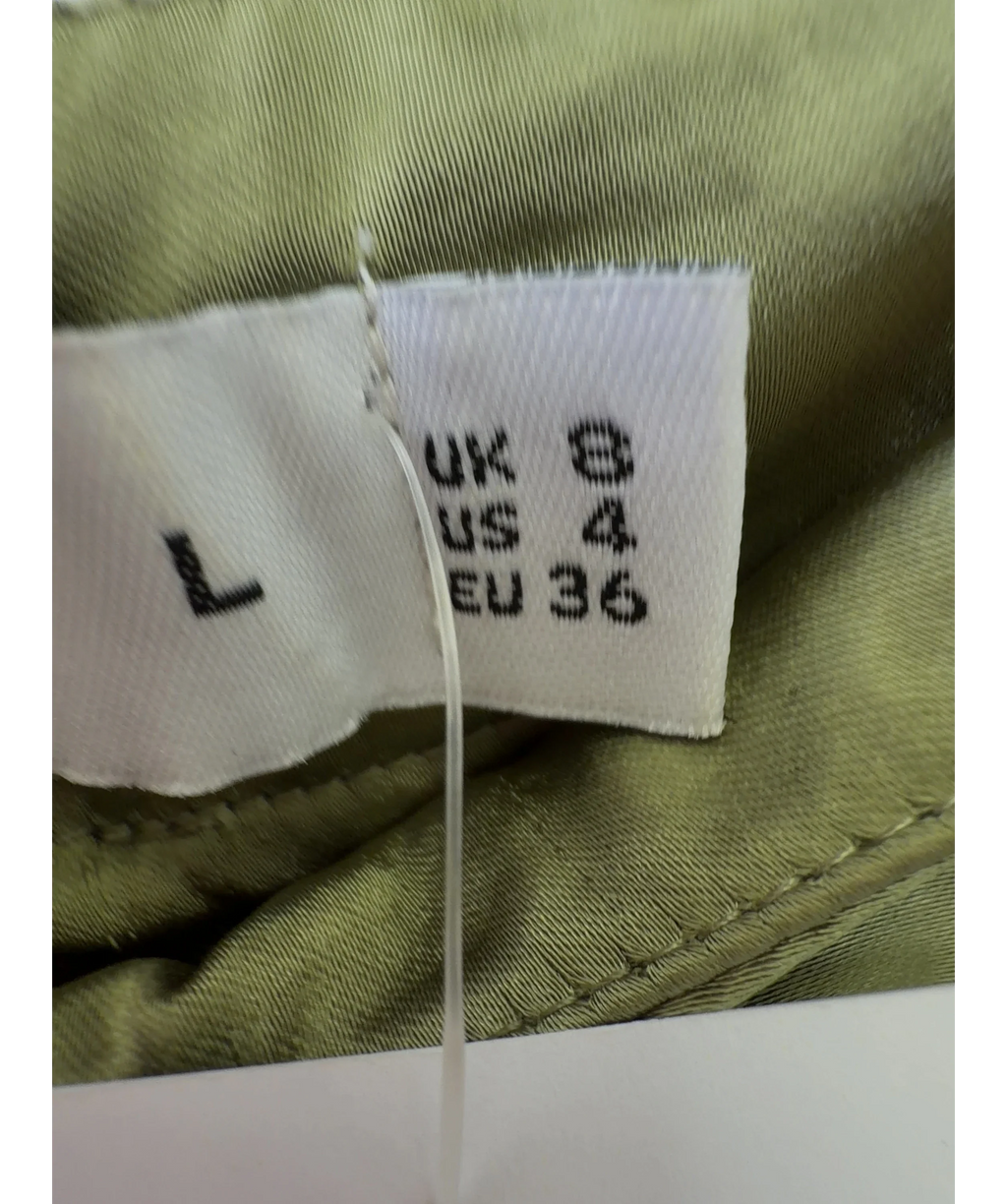 Club L Green Per Favore Ruched Satin Slip Maxi Skirt, size UK 8 — care label