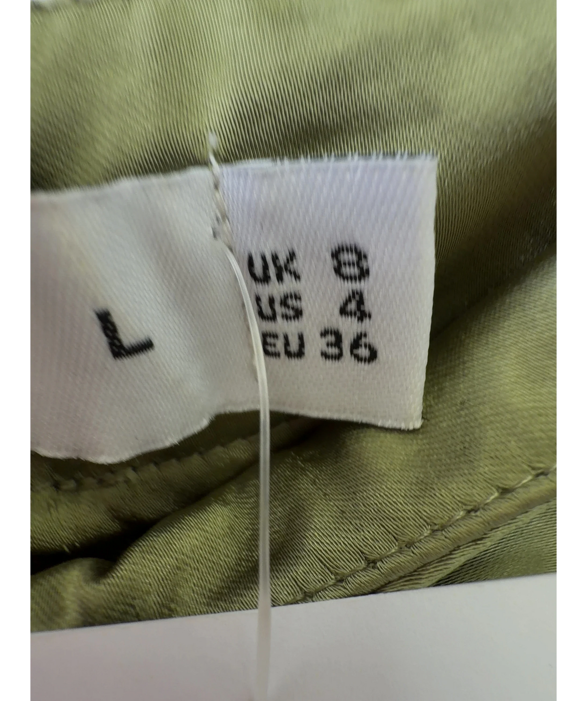 Club L Green Per Favore Ruched Satin Slip Maxi Skirt, size UK 8 — care label
