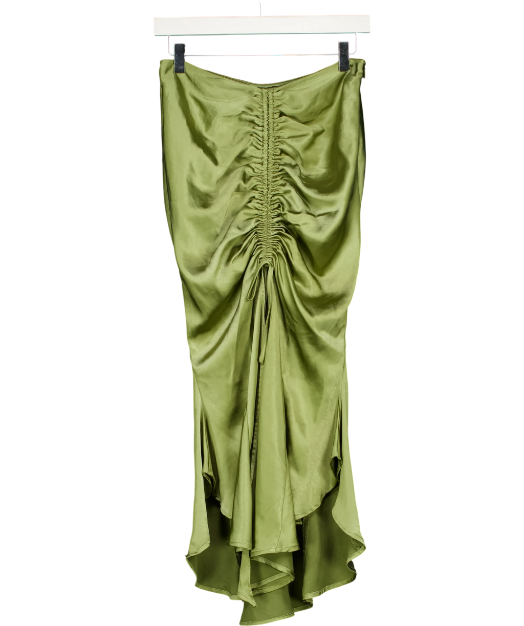 Club L Green Per Favore Ruched Satin Slip Maxi Skirt, size UK 8 — front