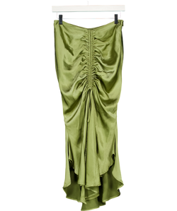 Club L Green Per Favore Ruched Satin Slip Maxi Skirt, size UK 8 — front