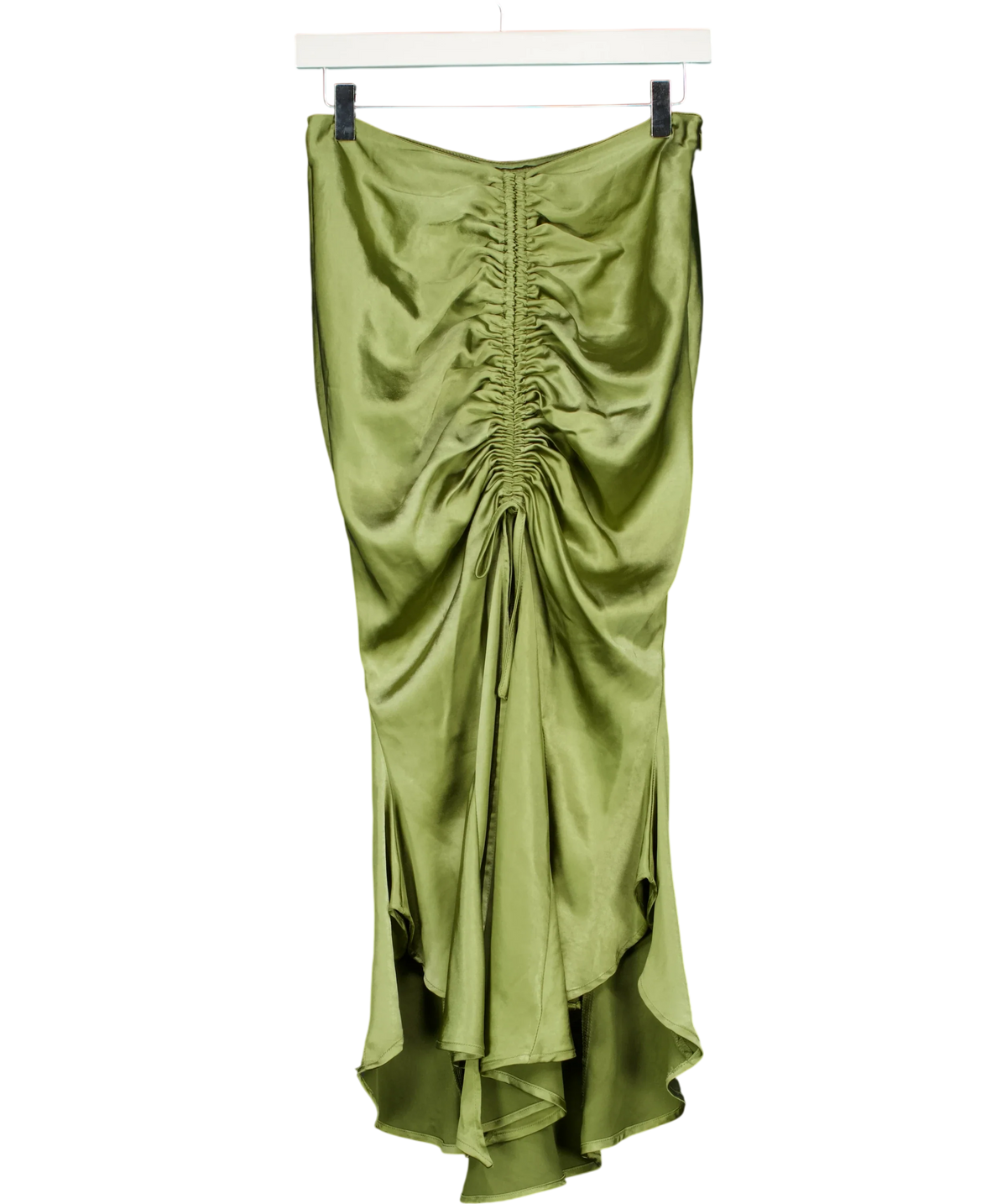 Club L Green Per Favore Ruched Satin Slip Maxi Skirt, size UK 8 — front
