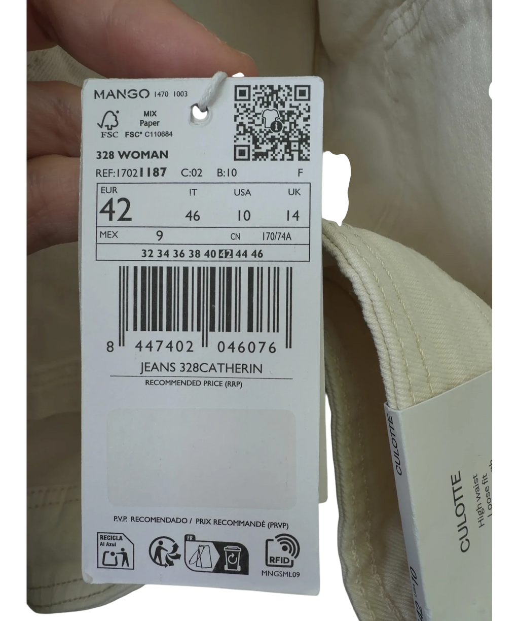 MANGO off-white Catherin High Waist Culotte Jeans, size UK 14 — fabric detail