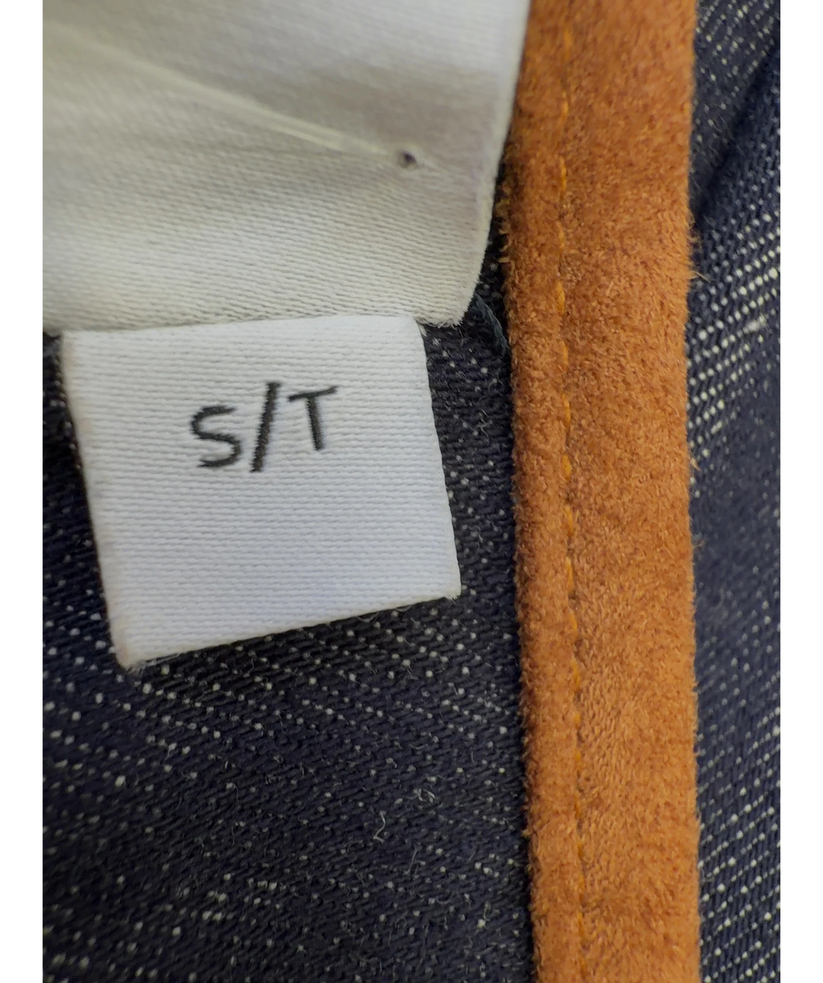 Fabrique Blue Liberty Two-Tone Zip-Pocket Jeans, size UK S — care label