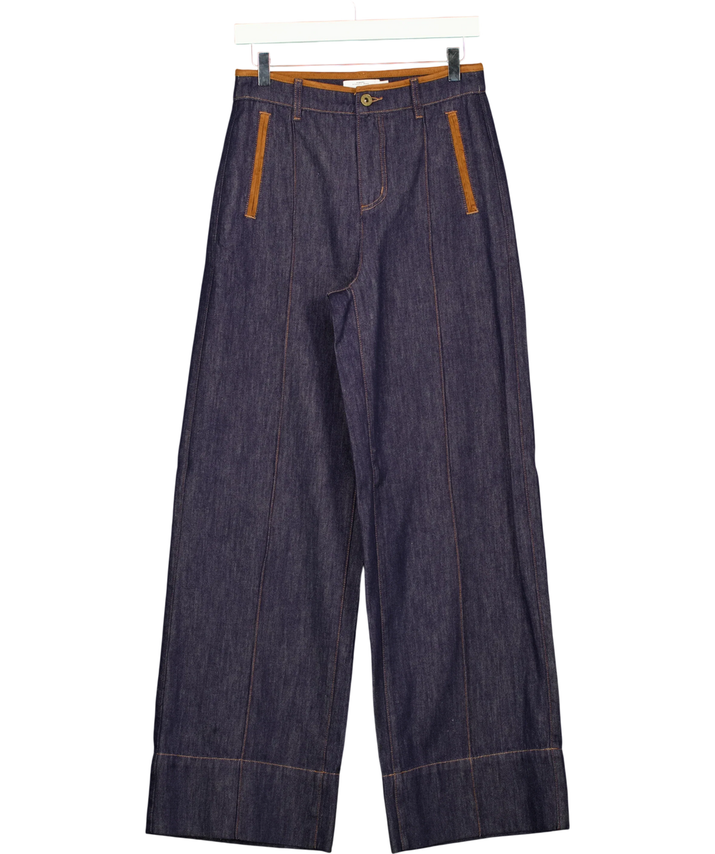 Fabrique Blue Liberty Two-Tone Zip-Pocket Jeans, size UK S — front