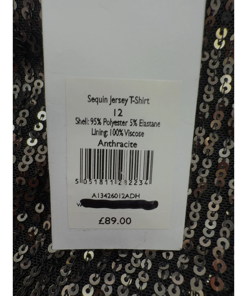 The White Company Grey Sequin Jersey T-Shirt, size UK 12 — label
