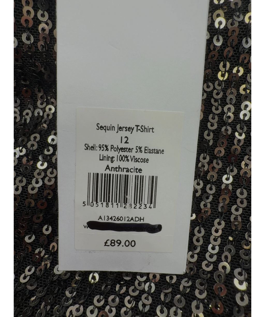 The White Company Grey Sequin Jersey T-Shirt, size UK 12 — care label