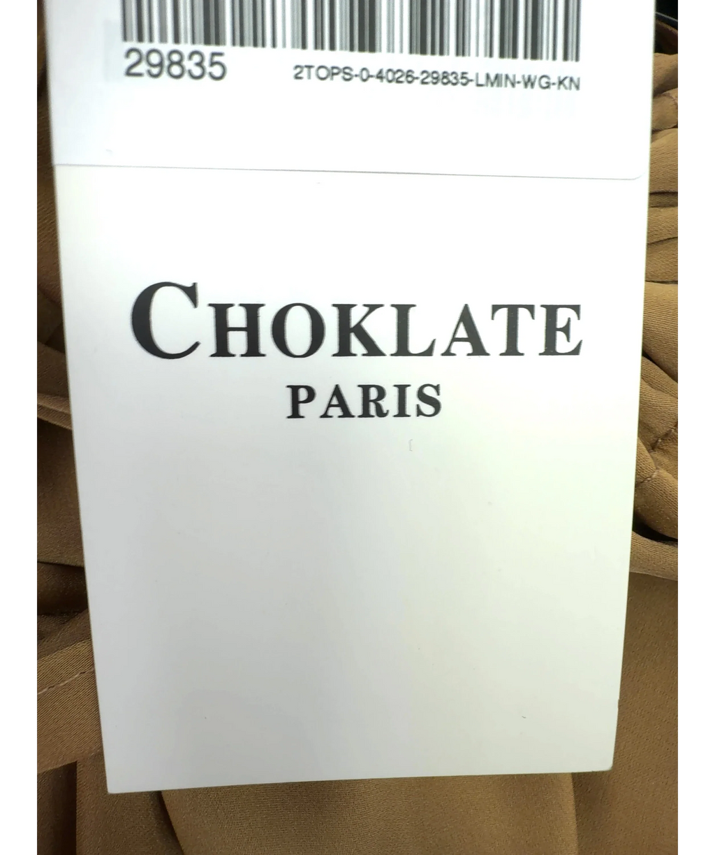 Choklate camel satin halter top — care label