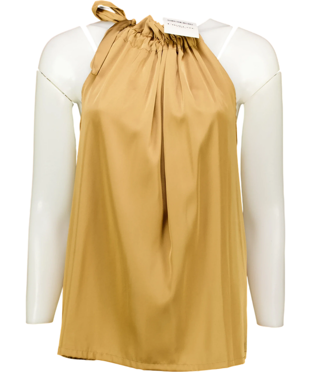Choklate camel satin halter top — front