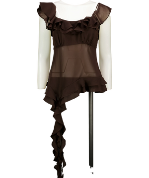 LPA Jess Flounce  Chiffon Asymmetrical Ruffle Tank Brown UK M