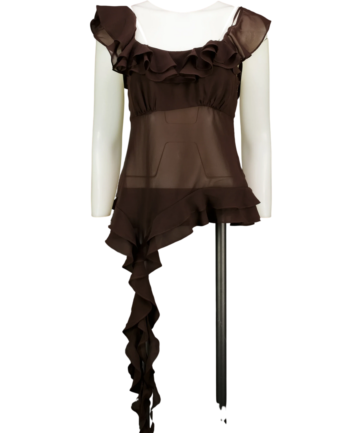 LPA Brown chiffon asymmetrical ruffle tank top / cami, size UK M — front
