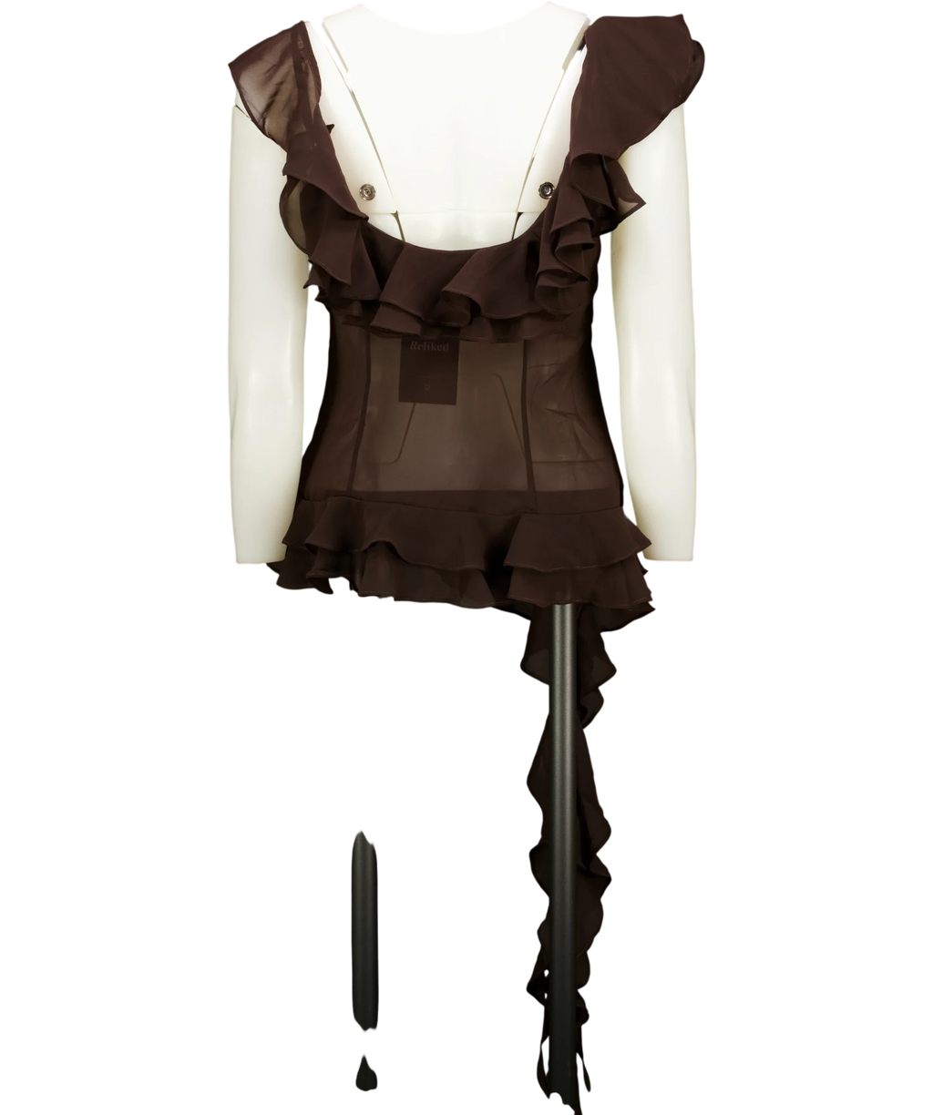 LPA Brown chiffon asymmetrical ruffle tank top / cami, size UK M — back