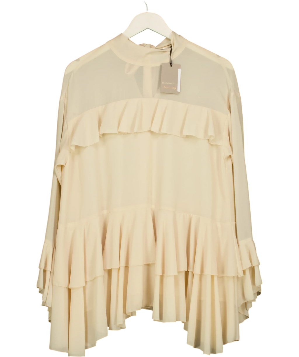 River Island Cream tiered ruffle mock-neck blouse, size UK 6 — front