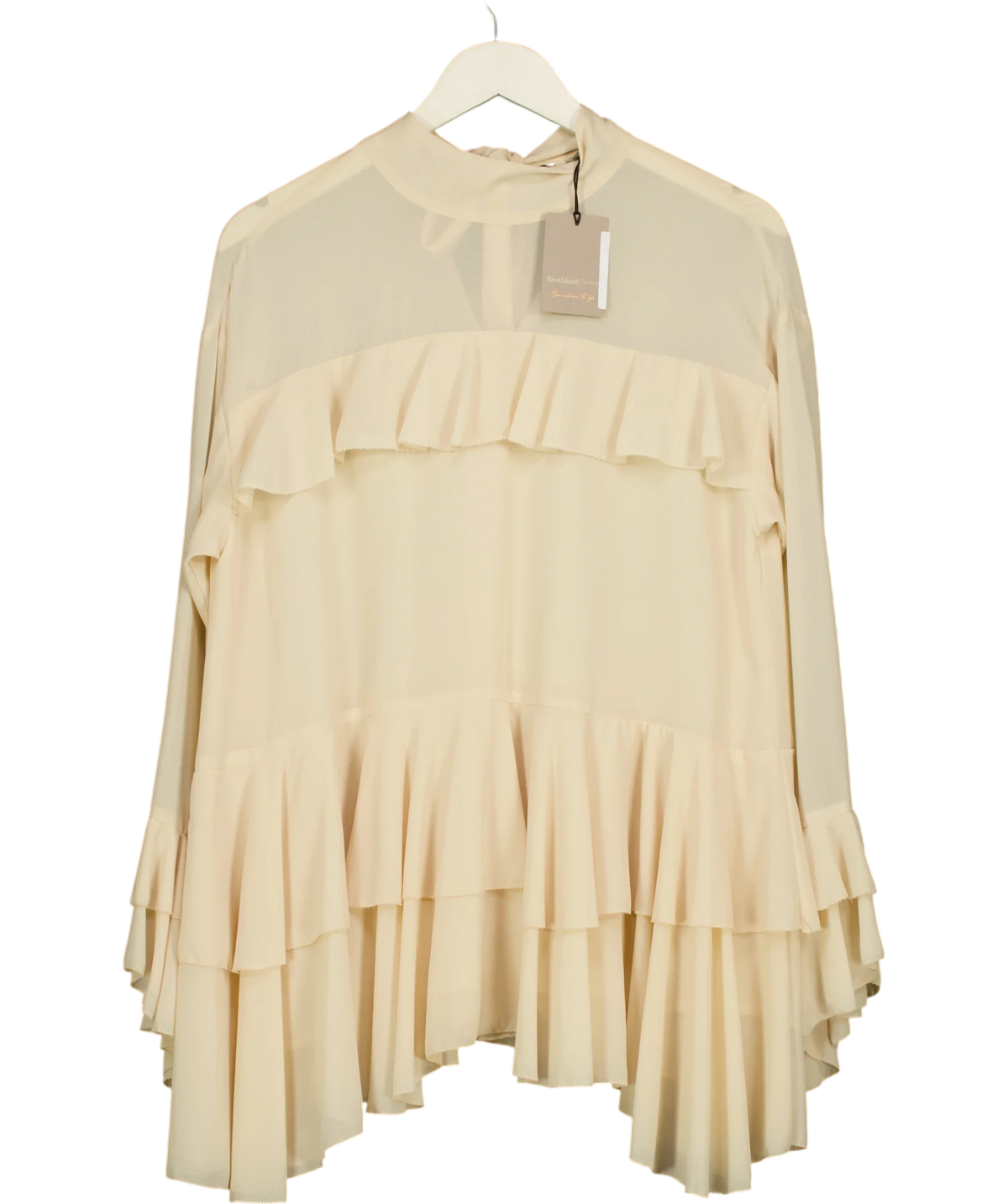 River Island Cream tiered ruffle mock-neck blouse, size UK 6 — front