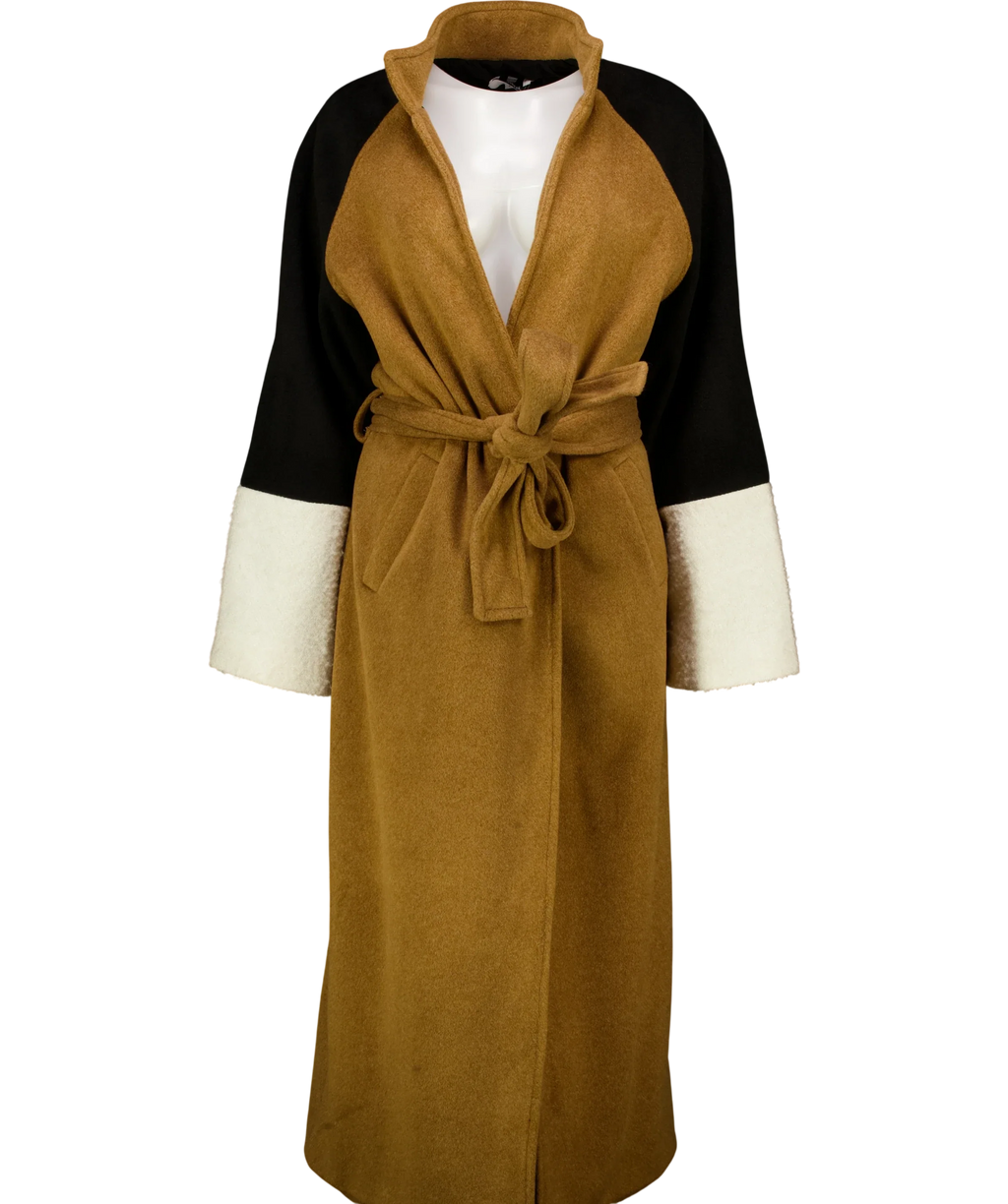 aqui tan color-block wrap coat, size UK S — front