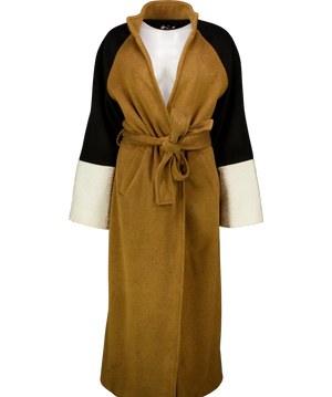 Aqui Camel Color-Block Wool Blend Wrap Coat Uk S
