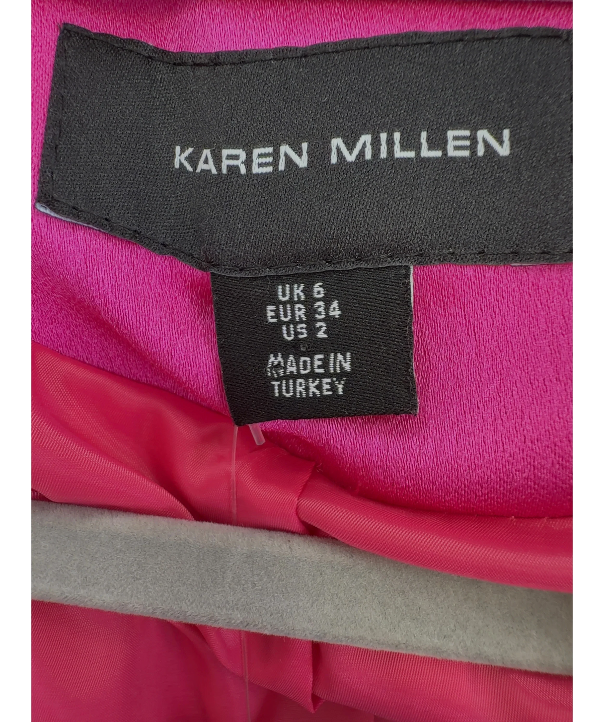 KAREN MILLEN Pink Satin Oversized Blazer, size UK 6 — detail