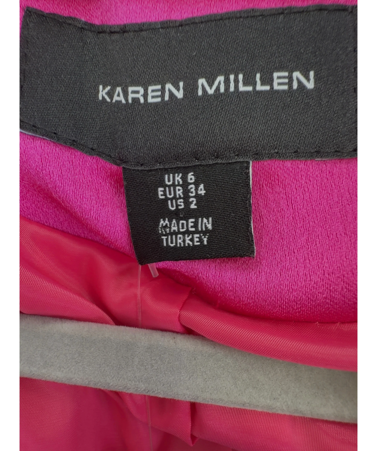 KAREN MILLEN Pink Satin Oversized Blazer, size UK 6 — care label