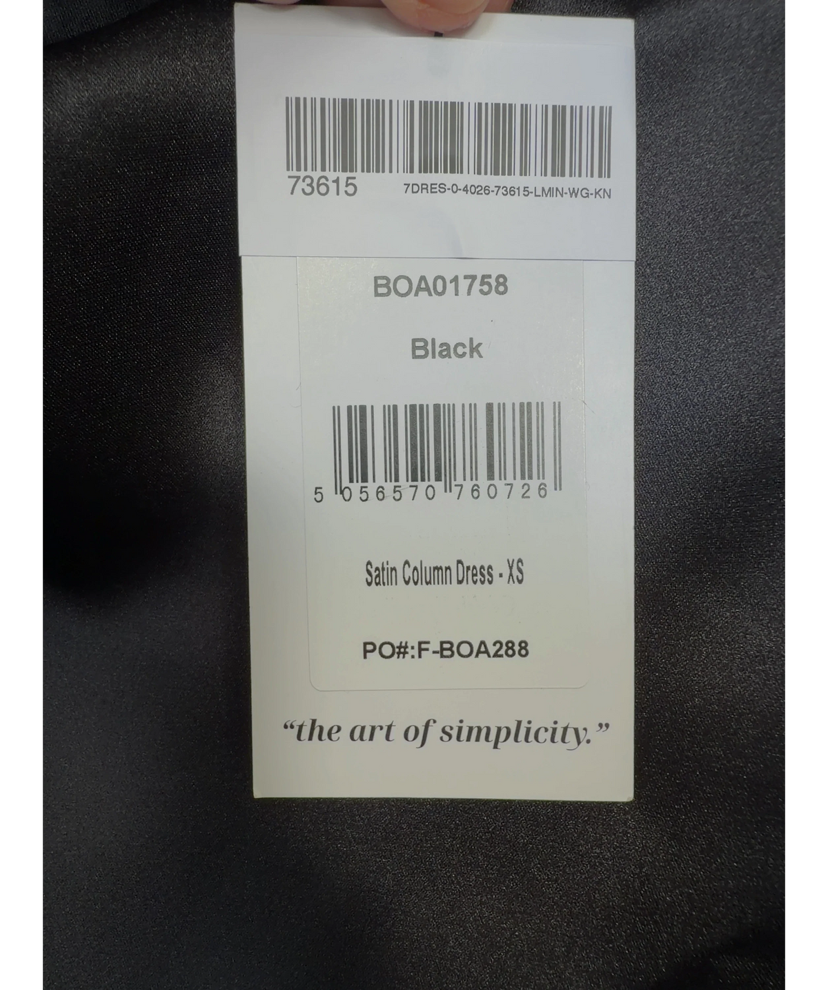 BOA Black Satin Column Dress, size UK XS — care label