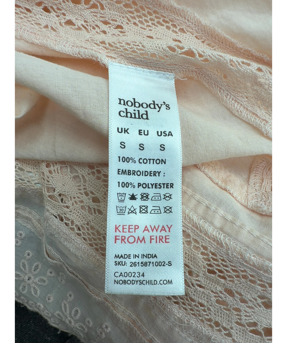 Nobody's Child Pink Peach Broderie Anglaise Tie Back Cami (Irina Top), size UK S — label