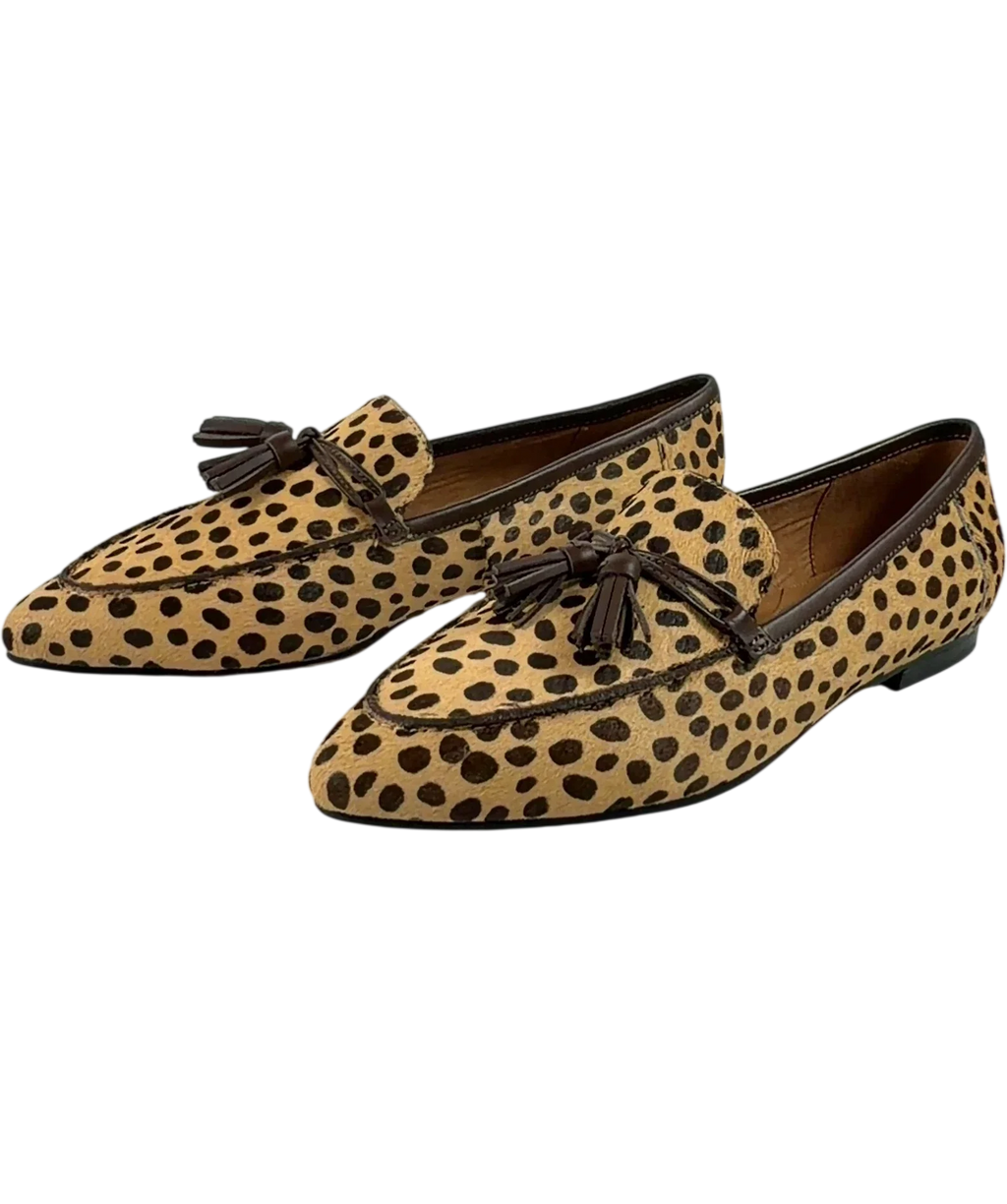 TALBOTS Brown Laura Tasseled Leopard Calf Hair Loafers, size UK 7.5 EU 40.5 👠 — label
