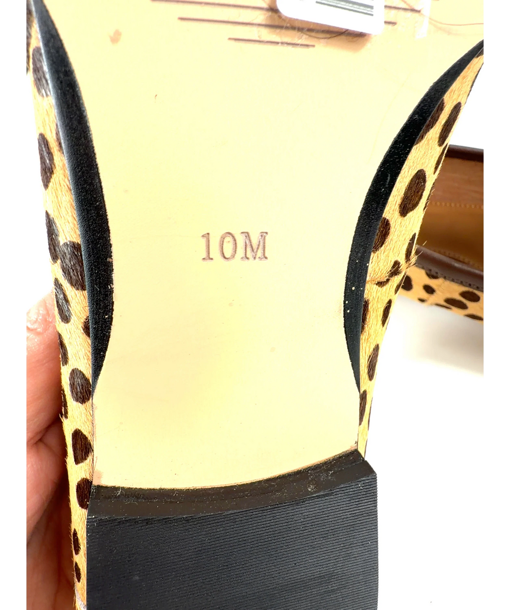 TALBOTS Brown Laura Tasseled Leopard Calf Hair Loafers, size UK 7.5 EU 40.5 👠 — fabric detail