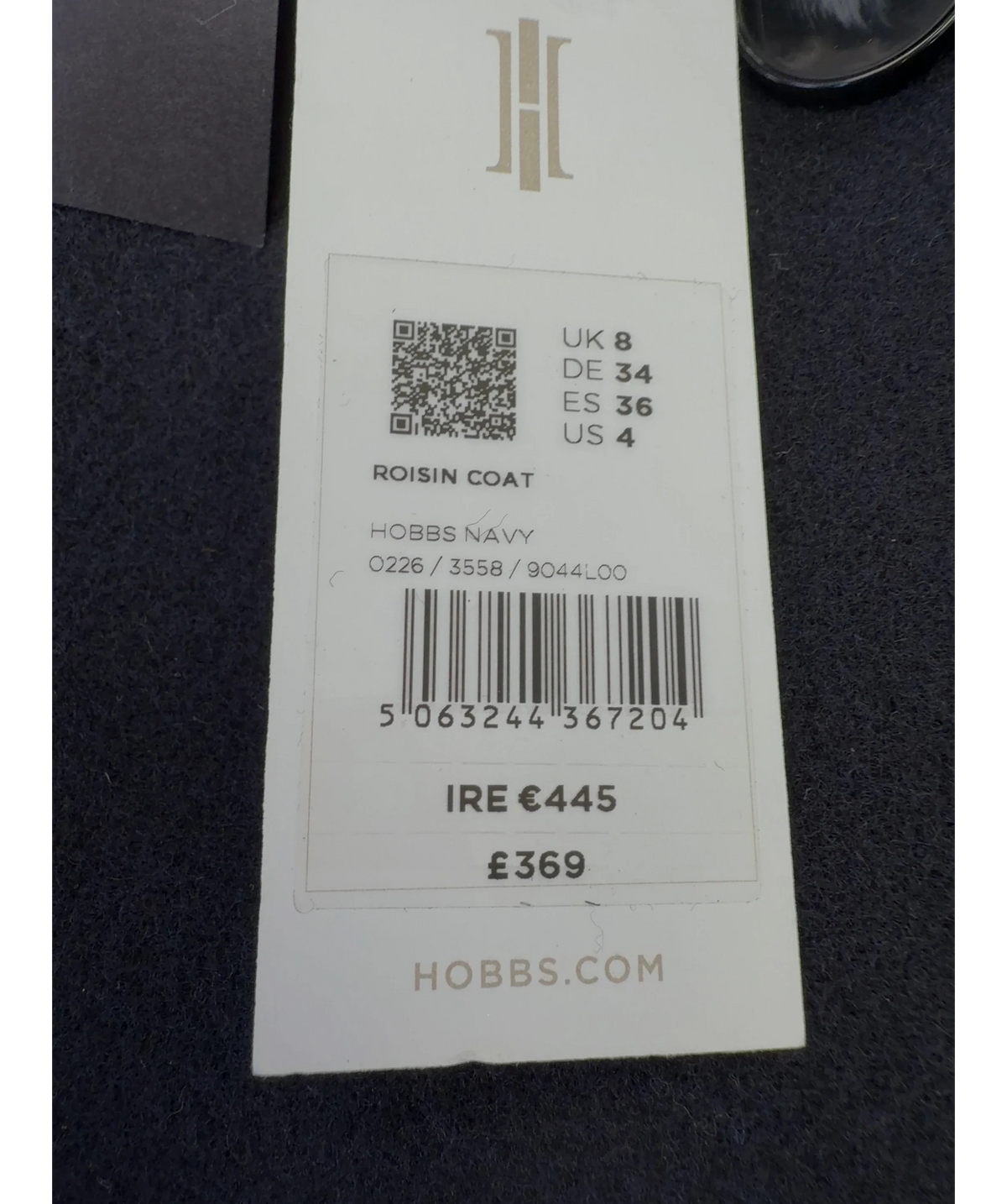Hobbs Black Roisin Coat, size UK 8 — label