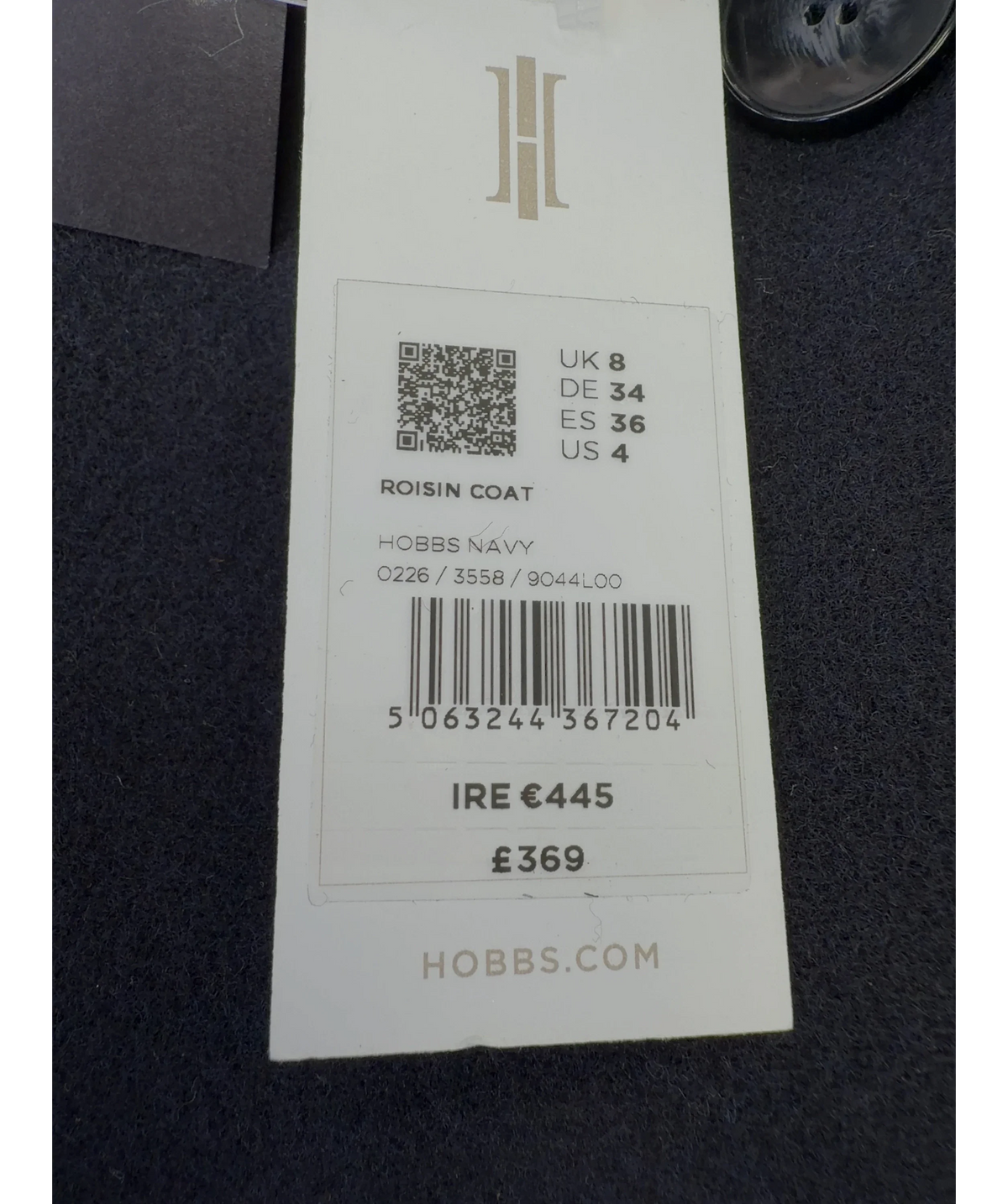 Hobbs Black Roisin Coat, size UK 8 — care label