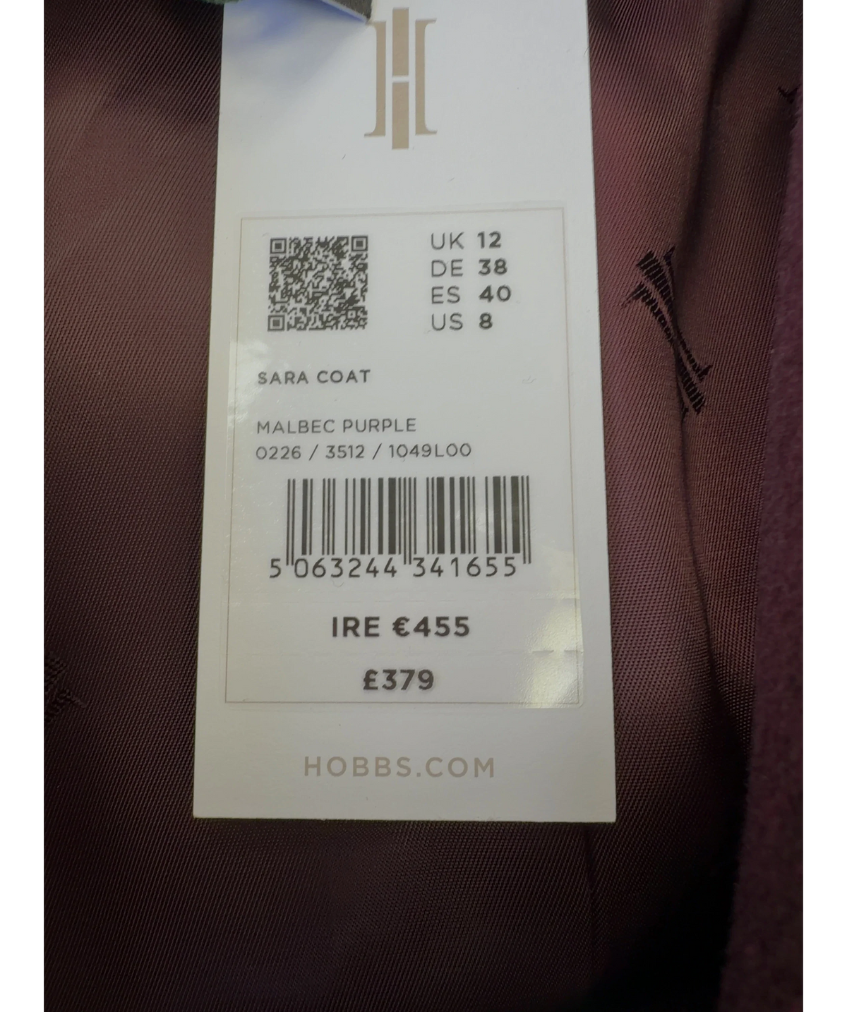 Hobbs Purple Sara Coat, size UK 12 — label