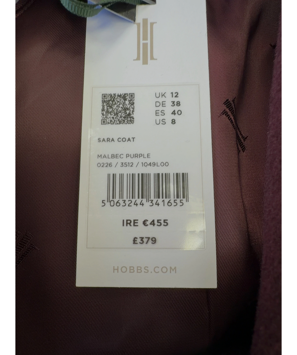 Hobbs Purple Sara Coat, size UK 12 — care label