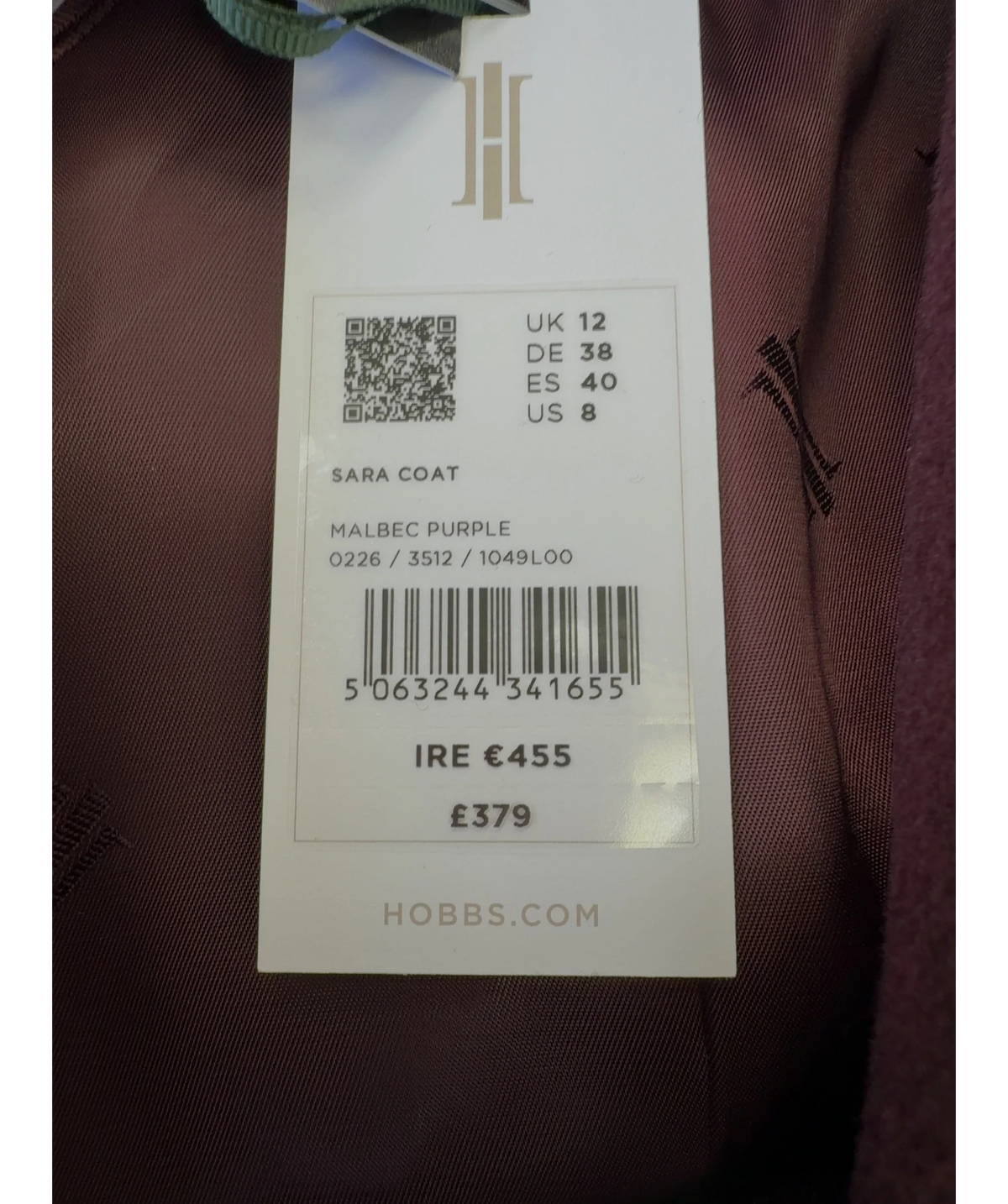 Hobbs Purple Sara Coat, size UK 12 — care label