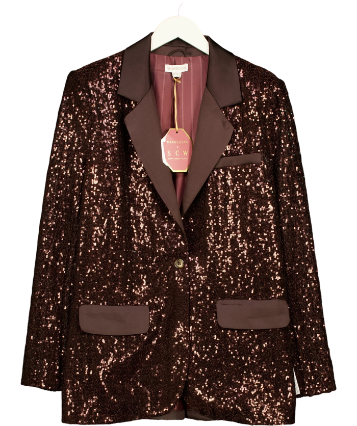 Monsoon Satin Sequin Blazer Brown UK 10