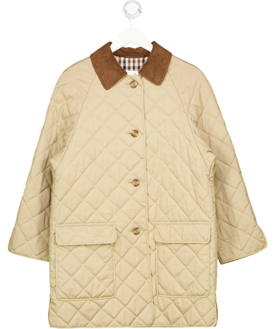 AQUASCUTUM Beige Camel Quilted Jacket With Check Lining UK S/M