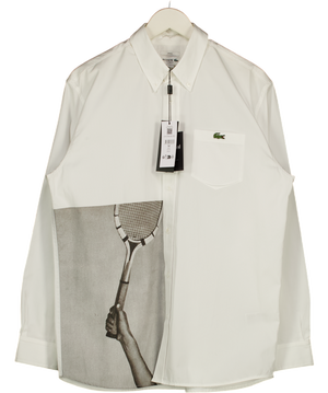 LACOSTE Heritage Edition White Polin Shirt With Graphic Tennis Racquet Print UK M