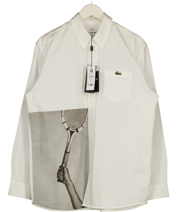 LACOSTE Heritage Edition White Polin Shirt With Graphic Tennis Racquet Print UK M