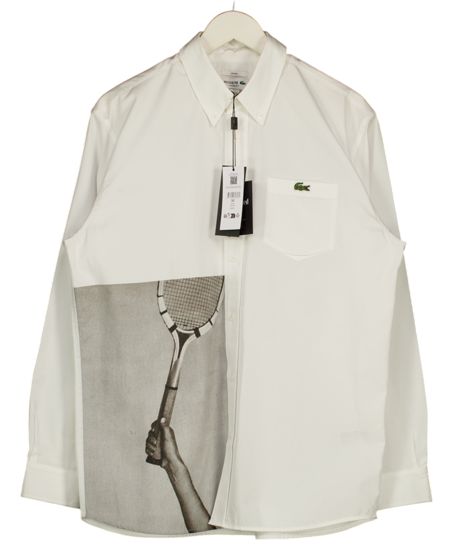 LACOSTE Heritage Edition White Polin Shirt With Graphic Tennis Racquet Print UK M