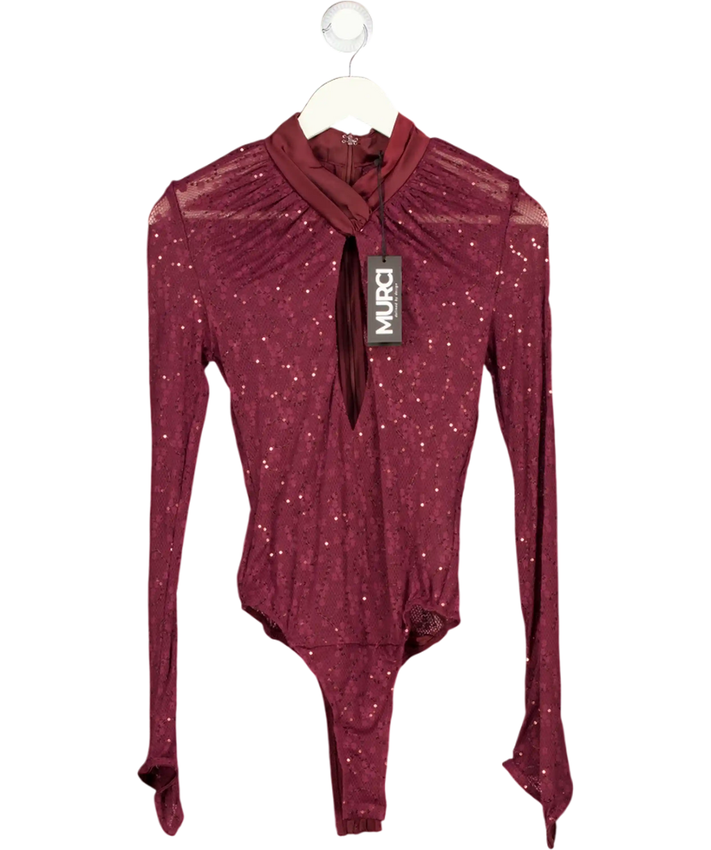 MURCI Wine Red Sequin Lace Keyhole Bodysuit UK 8