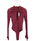 MURCI Wine Red Sequin Lace Keyhole Bodysuit UK 8