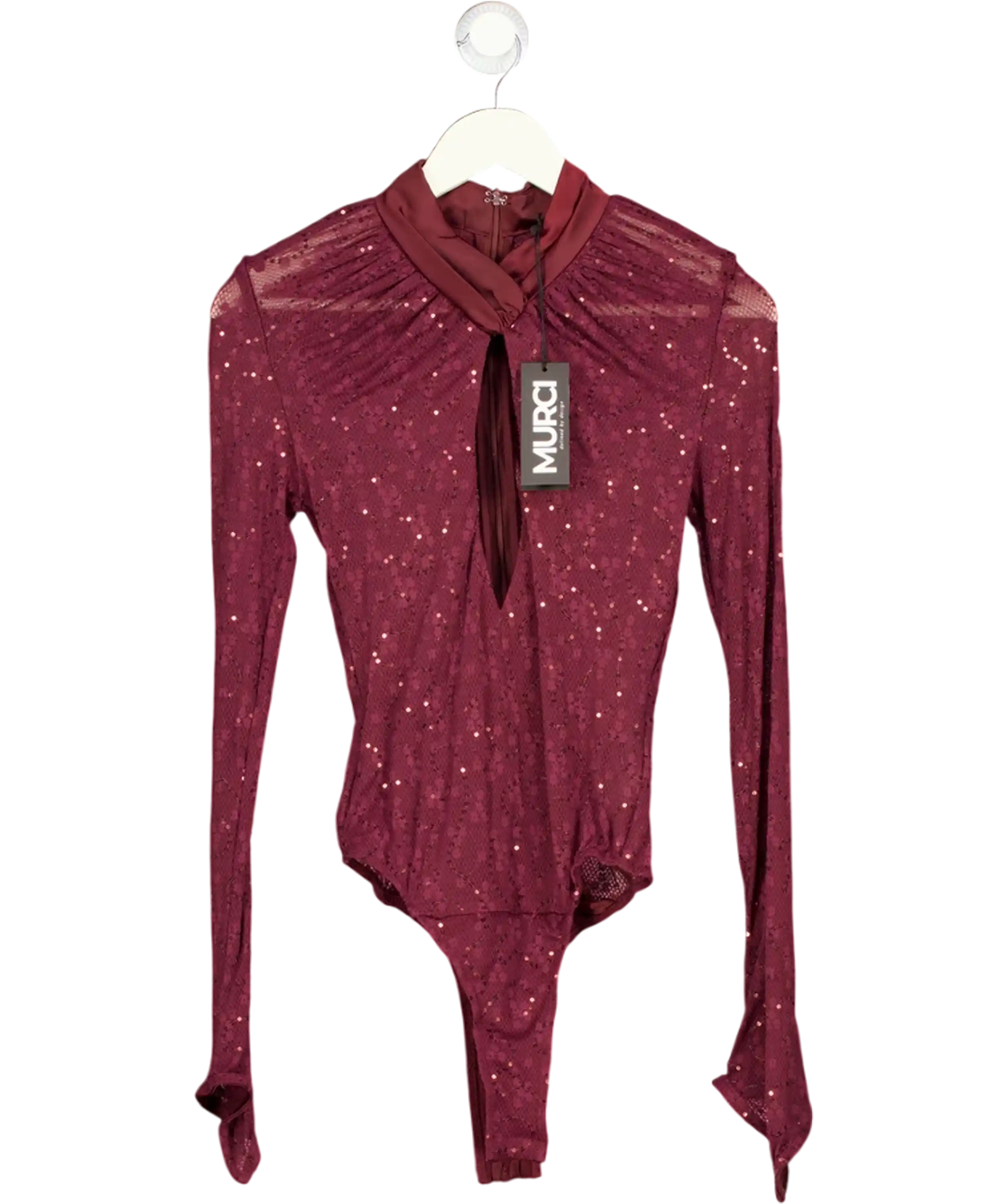 MURCI Wine Red Sequin Lace Keyhole Bodysuit UK 8