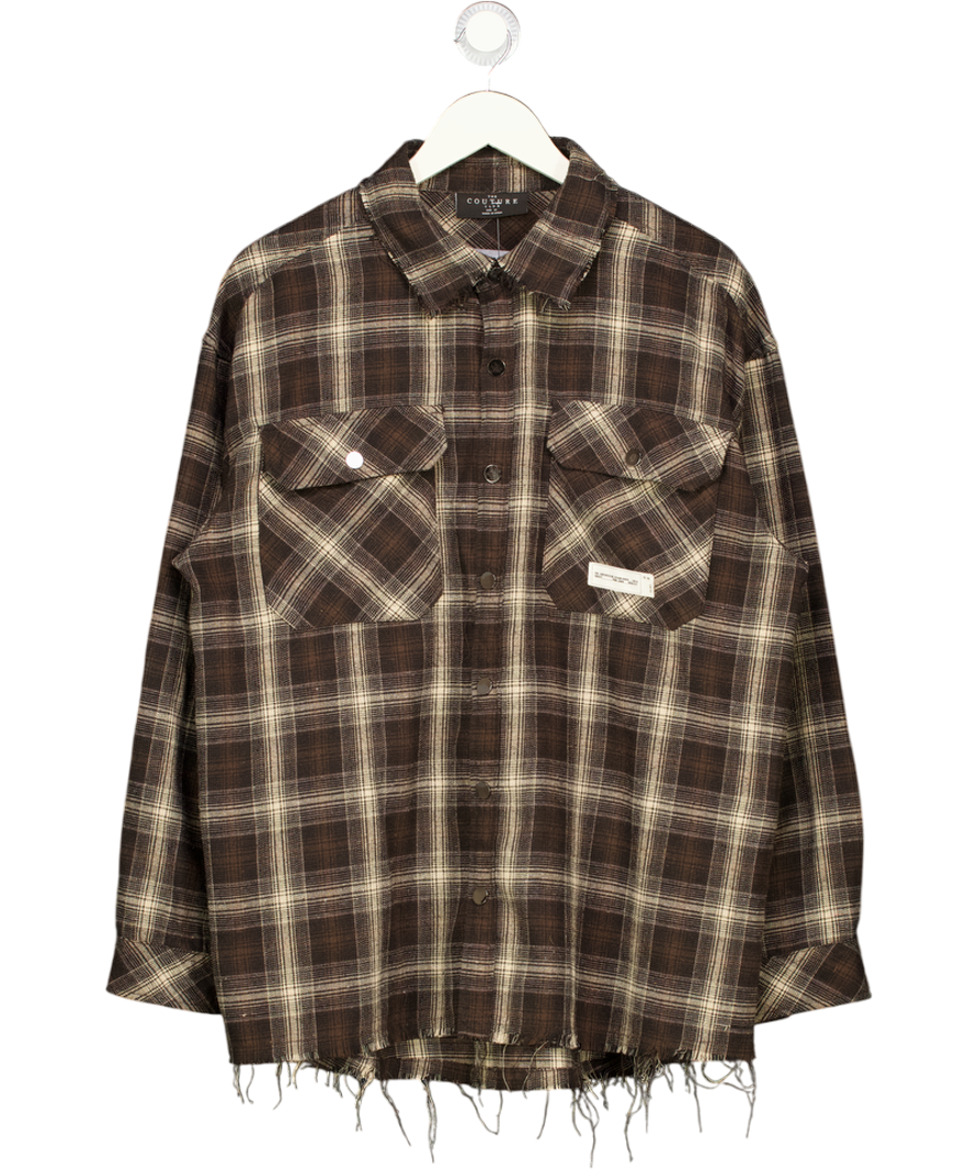 The Couture Club Brown Fray Detail Pop-button Flannel Overshirt UK M