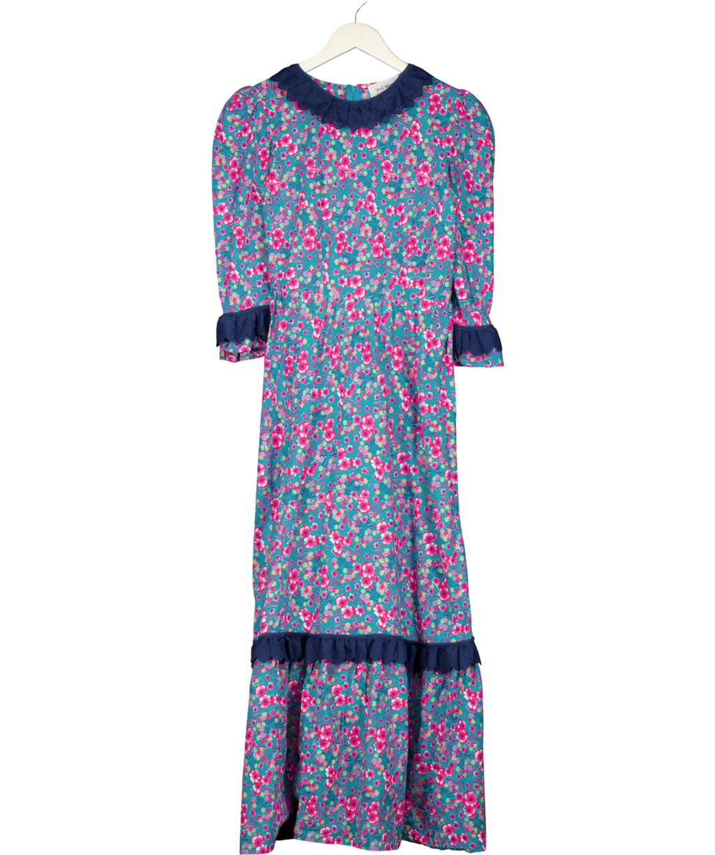 THE WELL WORN Blue / Pink Floral Maxi Dress With Lace Trim UK M