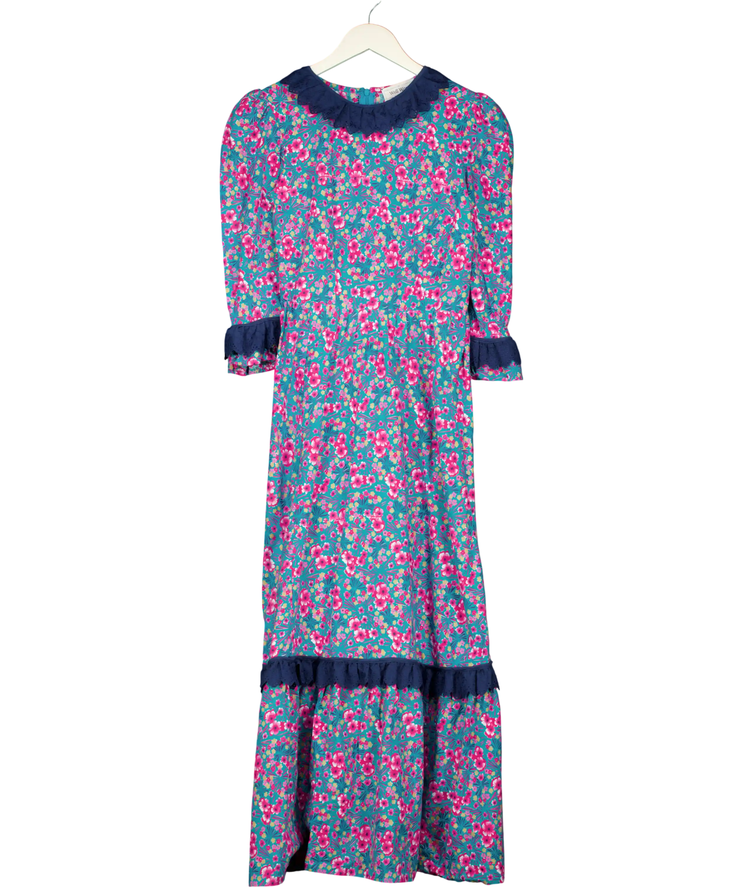 THE WELL WORN Blue / Pink Floral Maxi Dress With Lace Trim UK M