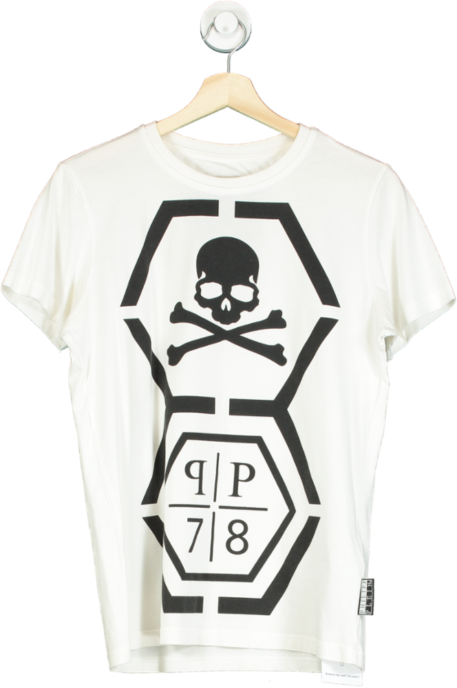 Philipp Plein White Skull Print T-Shirt UK S