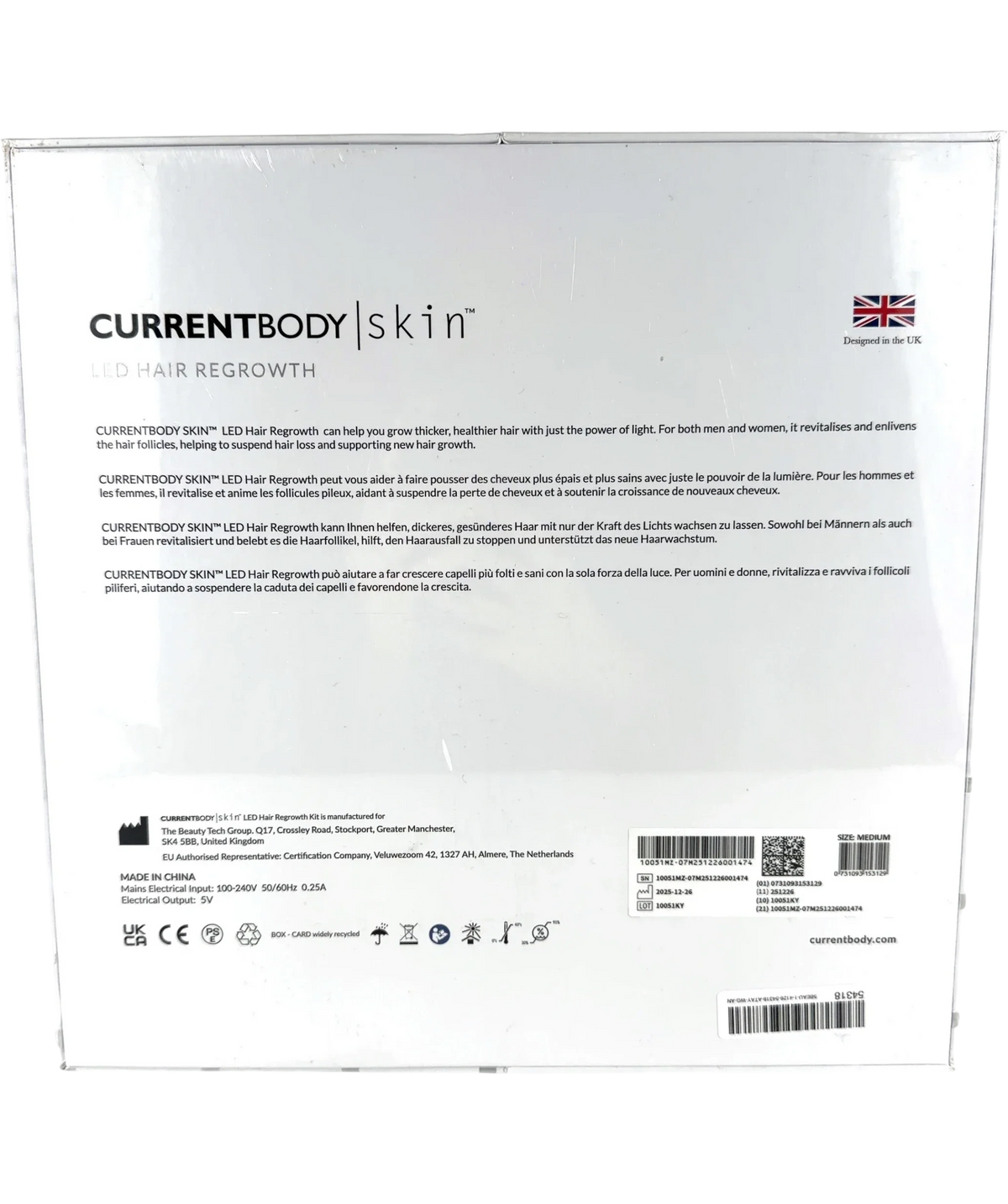 Current Body Universal CurrentBody Skin LED Hair Regrowth Device, size Medium — back